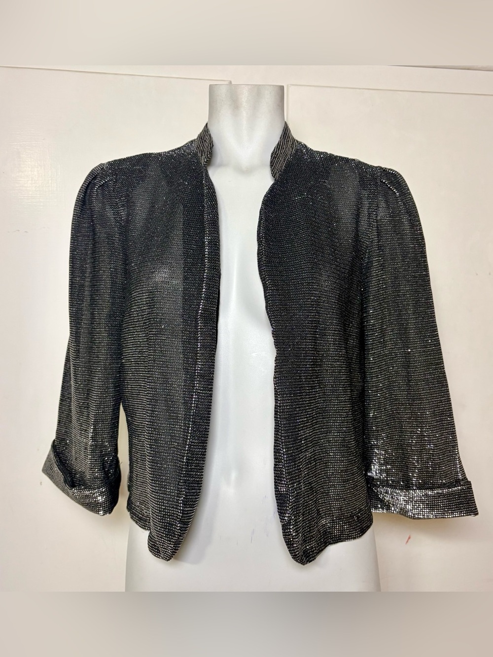 Vintage 70s Black Lurex Metallic 3/4 Sleeve Bolero Cropped Jacket